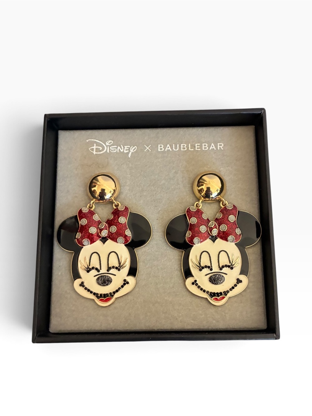 Disney x Baublebar Minnie Mouse Enamel Glitter Bow Drop Earrings Gold Tone Boxed